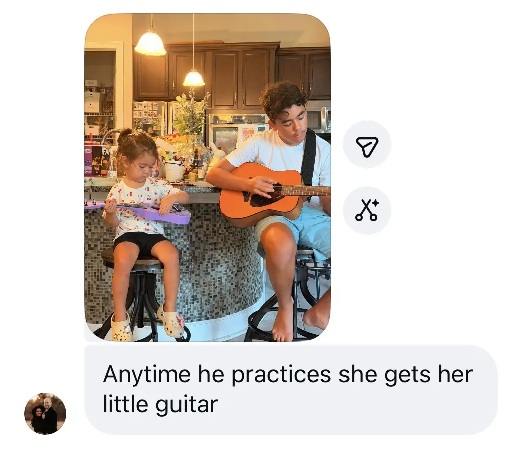 Photo of Rodrigo playing guitar with his little sister on a toy guitar: anytime he practices she gets her little guitar